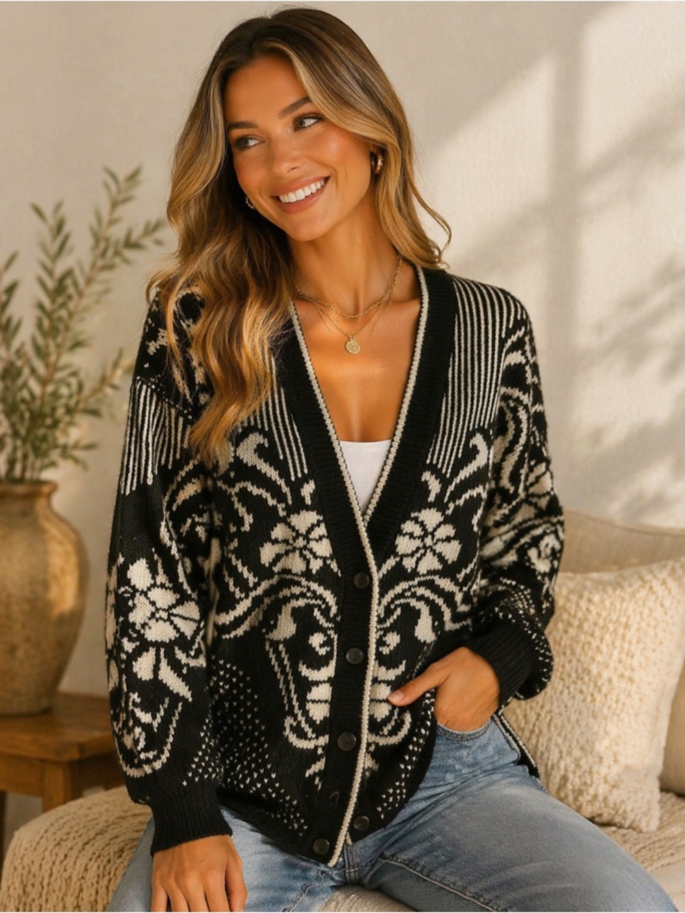 Barbra Sue Black and White Floral Design Women's Vintage Cardigan Size Large